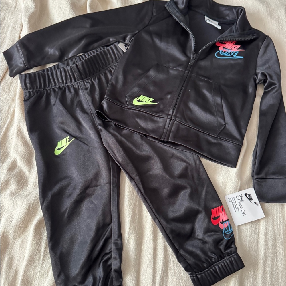 Nike Kids Black Track Set with Neon Green, Red & Blue Logos